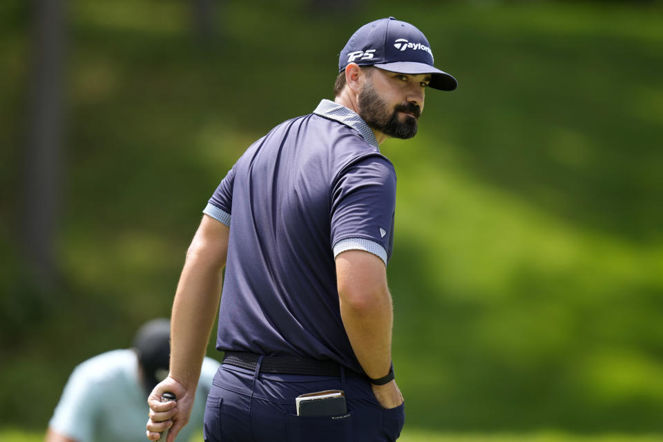 Chad Ramey reacts after missing a putt on the ninth green during the third round of the John Deere Classic golf tournament, Saturday, July 8, 2023, at TPC Deere Run in Silvis, Ill. (AP Photo/Charlie Neibergall)