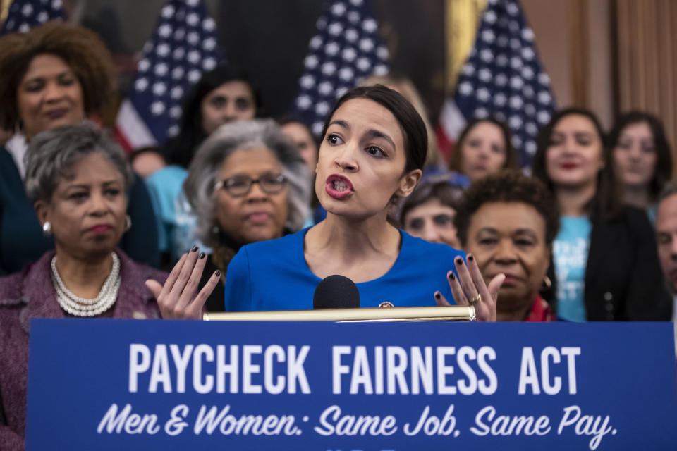 Rep. Alexandria Ocasio-Cortez, D-N.Y., speaks at an event to advocate for the Paycheck Fairness Act on the 10th anniversary of President Barack Obama signing the Lilly Ledbetter Fair Pay Act, at the Capitol in Washington, Wednesday, Jan. 30, 2019. The legislation, a top tier issue for the new Democratic majority in the House, would strengthen the Equal Pay Act of 1963 and guarantee that women can challenge pay discrimination and hold employers accountable.(AP Photo/J. Scott Applewhite)