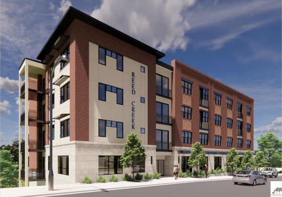 A rendering of the 4-story residential development which will add 49 new apartments, setting aside 10 for those below 60% affordable median income.