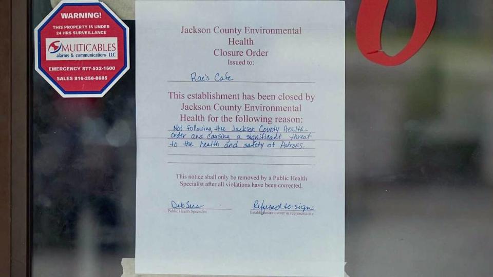 Notices on the doors to Rae’s Cafe in Blue Springs announce that the restaurant has been closed for “not following the Jackson County Health order and causing a significant threat to the health and safety of patrons.” The cafe’s food establishment permit was revoked for repeated violations of the order requiring masks.