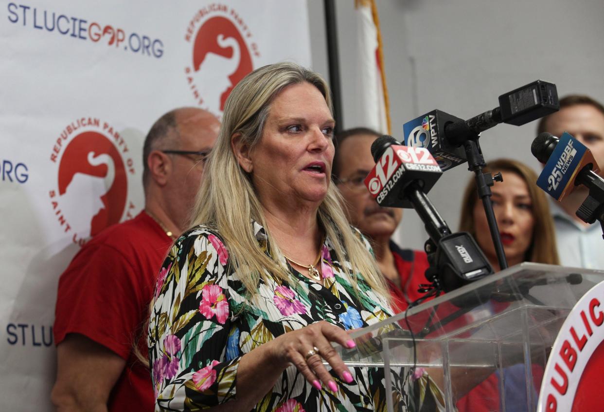 Cathy Townsend, St. Lucie County Commission chairperson, speaks during a briefing regarding Keith Pearson at a St. Lucie County Republican party’s office, Wednesday, Dec. 6, 2023, in Port St. Lucie. “If he did not know about this until 30 minutes prior, why was he within 24 hours removing all the decals with Ken Mascara’s name on them,” she said. “It takes at least 24 hours to turn around to get decals made to put on buildings.”