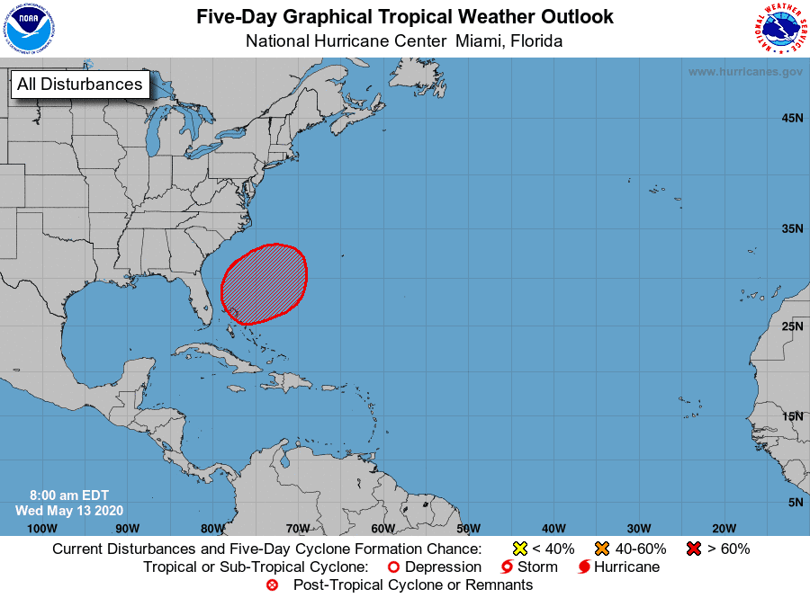 A tropical or subtropical storm should form in the red shaded area within the next five days, forecasters said.
