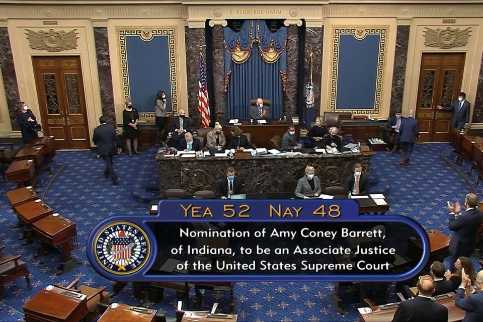 In this image from video, the vote total in the U.S. Senate on the confirmation of Amy Coney Barrett to become a Supreme Court justice is seen Oct. 26, 2020.  
