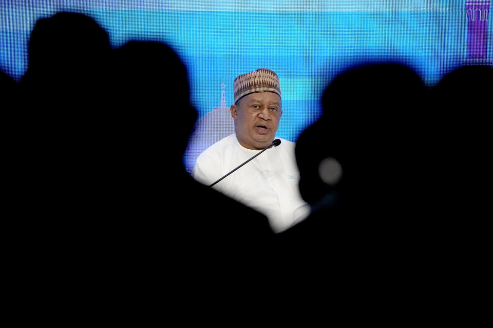 FILE - OPEC Secretary-General Mohammad Barkindo speaks during the Atlantic Council's Global Energy Forum at the Dubai Expo 2020, in Dubai, United Arab Emirates on March 28, 2022. Barkindo died late Tuesday, a spokesperson for Nigeria's petroleum ministry told The Associated Press on Wednesday, July 6, 2022. (AP Photo/Ebrahim Noroozi, File)