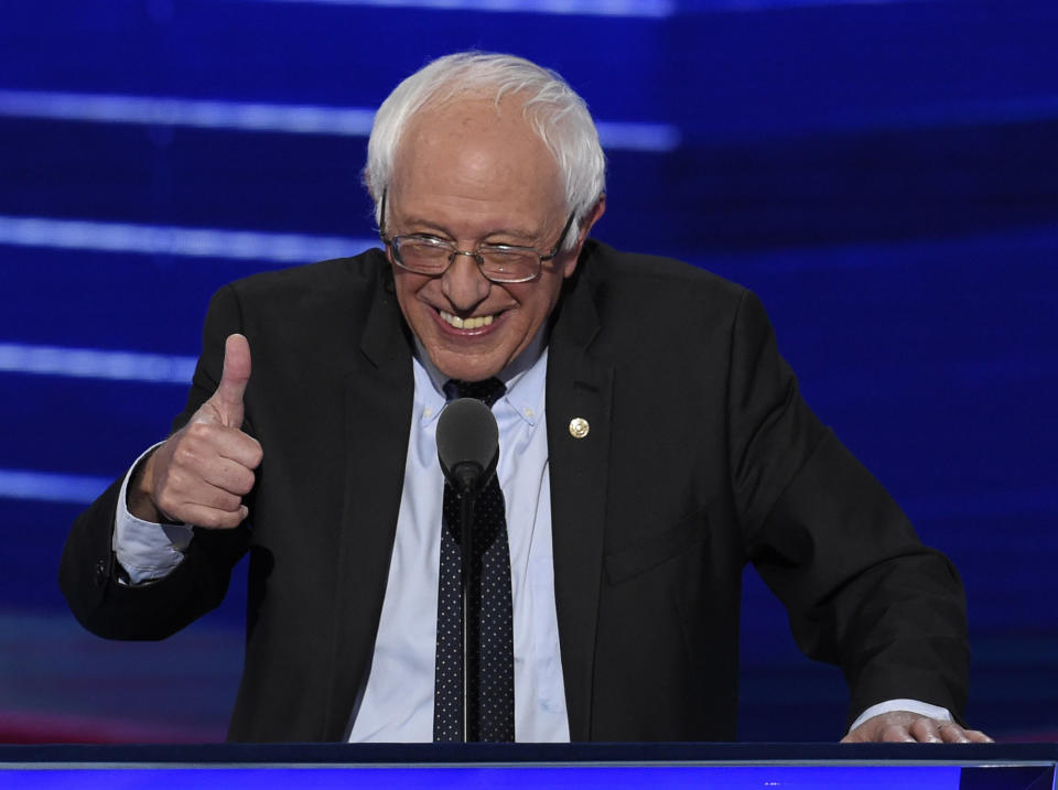 Vermont Senator and former Democratic presidential candidate Bernie Sanders addresses delegates.