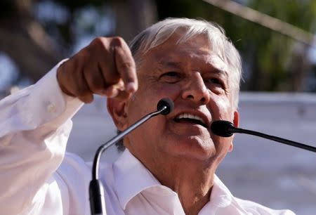 Leftist front-runner Andres Manuel Lopez Obrador of the National Regeneration Movement (MORENA) speaks during his campaign rally in Milpa Alta, Mexico, April 20, 2018. REUTERS/Henry Romero/Files