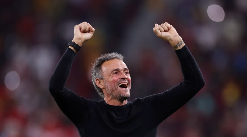 Spain coach Luis Enrique celebrates during his side's 7-0 win over Costa Rica at the 2022 World Cup.