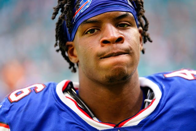 Buffalo Bills tight end Joel Wilson (48) walks off the field following an  NFL preseason football game against the Chicago Bears, Saturday, Saturday,  Aug. 26, 2023, in Chicago. (AP Photo/Kamil Krzaczynski Stock