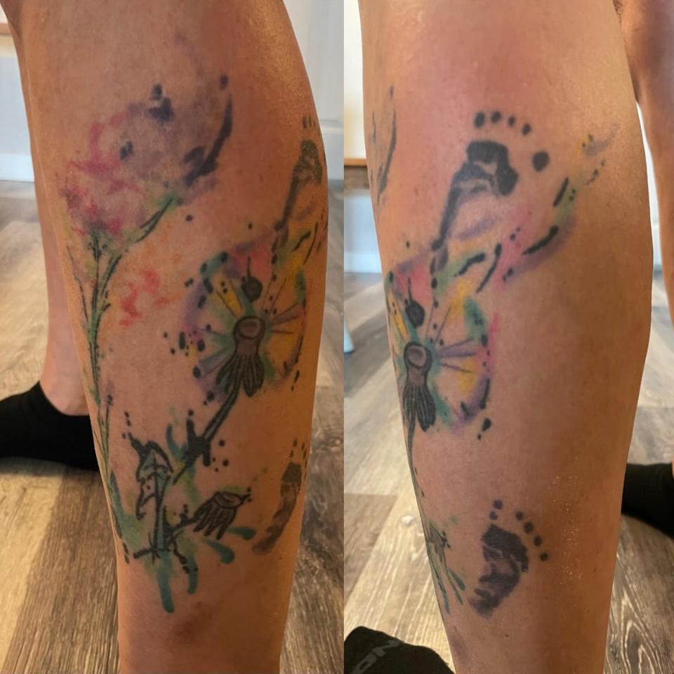 Dawn Mumper's son Adam designed and inked her tattoo at Underground Ink, memorializing her late first son by recreating his baby footprints.