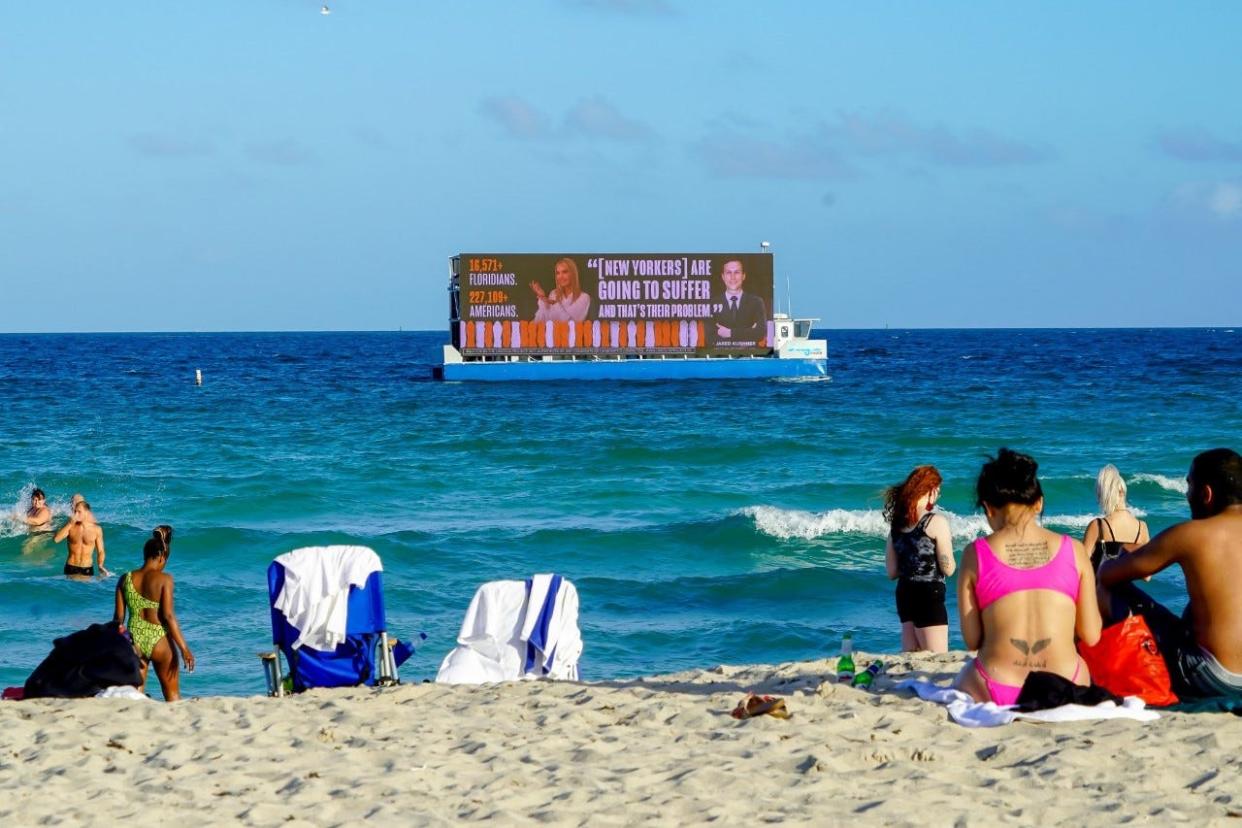 The Lincoln Project, an anti-Trump group of mostly Republicans, brought billboards it erected in Times Square to South Florida. The billboards, fitted on a barge, floated near Mar-a-Lago the weekend before the Nov. 3, 2020 election.