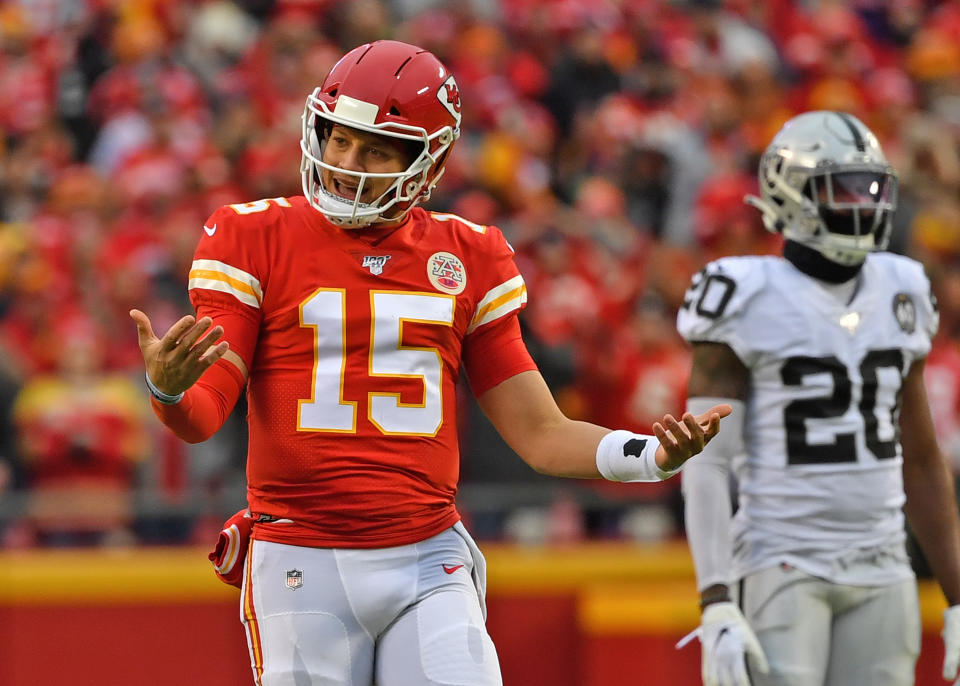 Quarterback Patrick Mahomes had an interception erased on a pass interference call. (Photo by Peter Aiken/Getty Images)