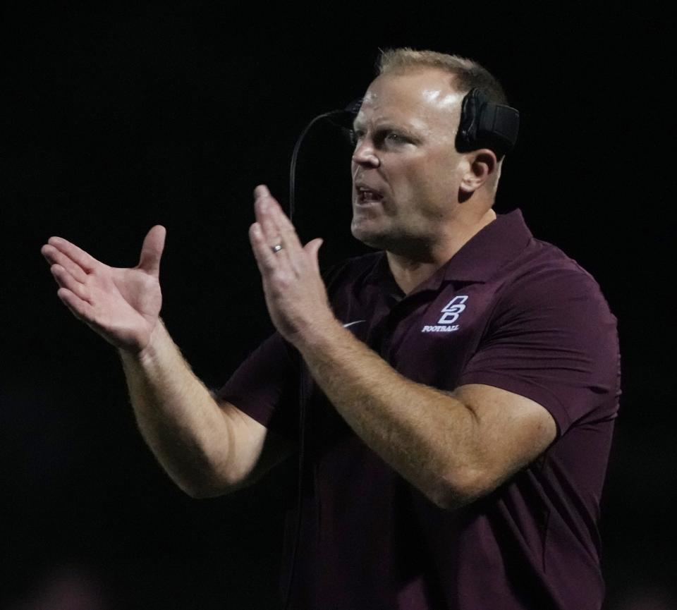 Ramsey, NJ-- September 23, 2023 -- Don Bosco head coach Dan Sabella in the first half as Bergen Catholic defeated Don Bosco 38-15 in their football rivalry played at Don Bosco in Ramsey on September 23, 2023.