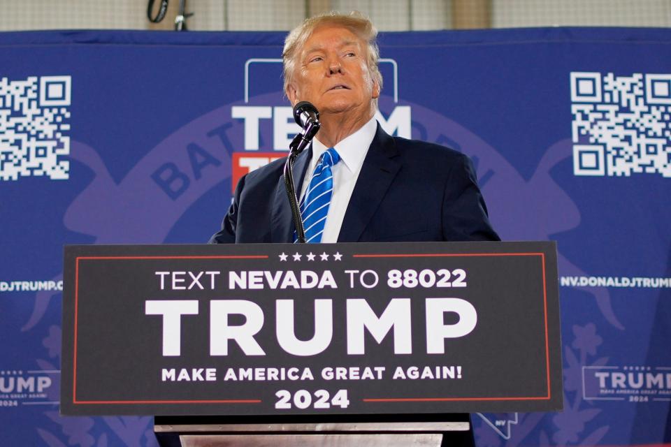 FILE - Republican presidential candidate former President Donald Trump speaks at a campaign event Jan. 27, 2024, in Las Vegas. Even without Donald Trump on Nevada’s Republican ballot, Nikki Haley was still denied her first victory. The indignity of a distant second-place finish behind “none of these candidates” was a blow for Haley facilitated by the staunch Trump allies who lead Nevada’s GOP. They had already maneuvered to ensure Trump has a lock on the state’s 26 delegates, who will be awarded in caucuses on Thursday where he faces only token opposition. (AP Photo/John Locher, File) ORG XMIT: WX507
