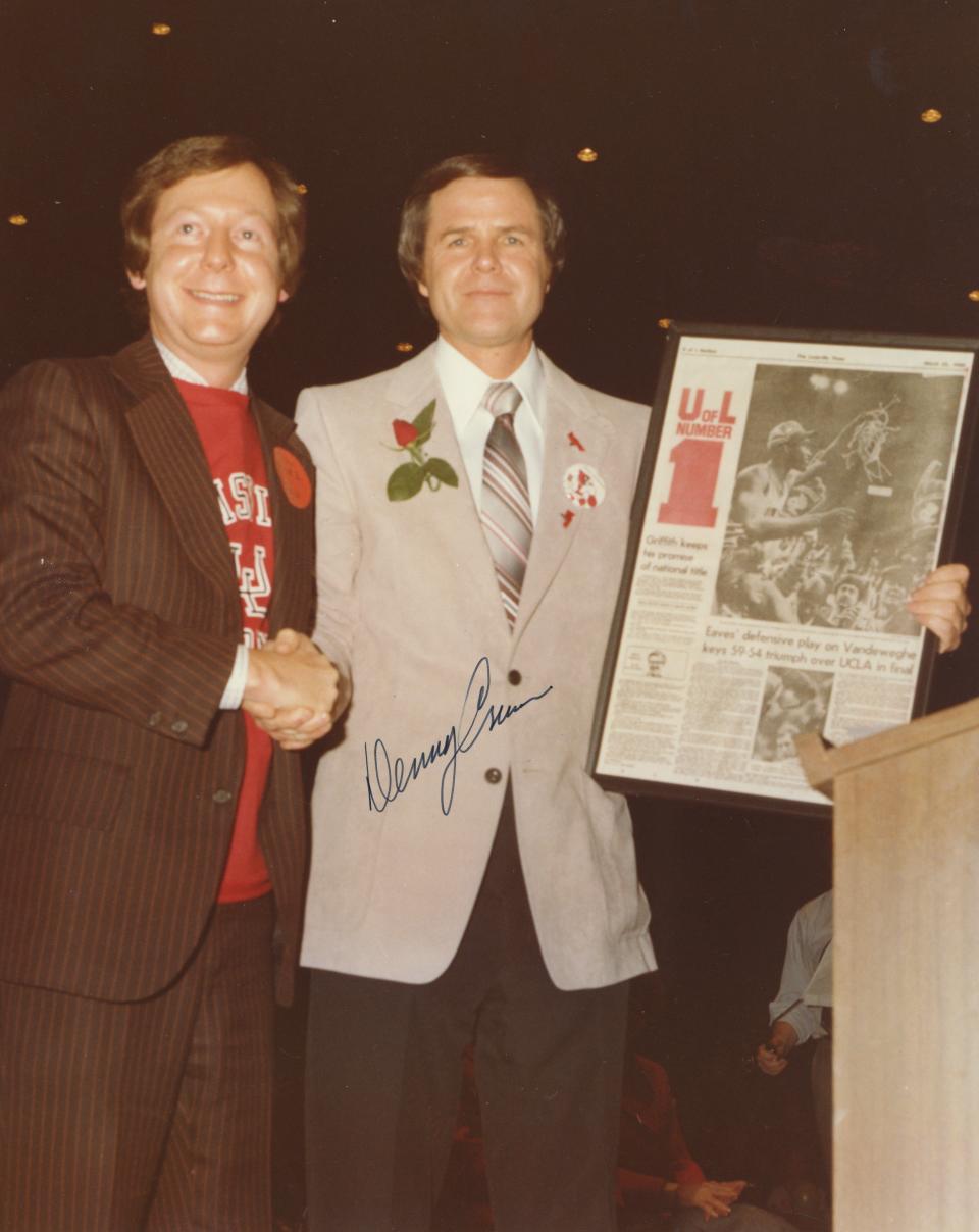 Jefferson County Judge-Executive Mitch McConnell and U of L Coach Denny Crum in 1980