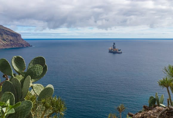 Offshore drilling rig on the water.