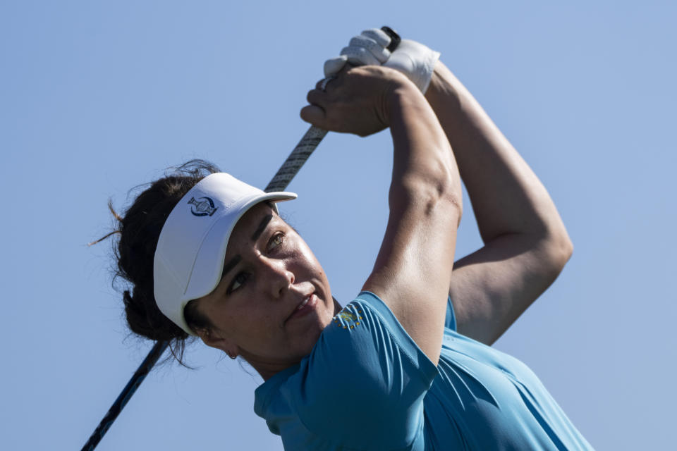 Solheim Cup team Europe golfer Georgia Hall practices during a training session at Finca Cortesin, near Estepona, southern Spain, on Wednesday, Sept. 20, 2023. (AP Photo/Bernat Armangue)