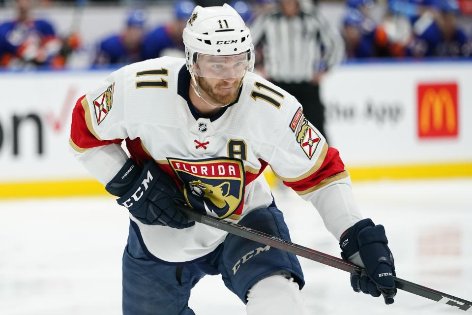 FILE -Florida Panthers' Jonathan Huberdeau (11) skates during the third period of an NHL hockey game against the New York Islanders Tuesday, April 19, 2022, in Elmont, N.Y. Matthew Tkachuk is being traded to the Florida Panthers, part of a blockbuster that sends Jonathan Huberdeau to the Calgary Flames in a swap of players who are each coming off the best season of their careers, a person with knowledge of the negotiations said Friday night, July 22, 2022. (AP Photo/Frank Franklin II, File)