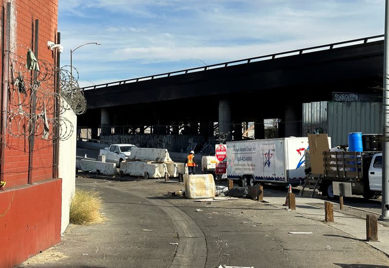 Aftermath of Interstate 10 freeway fire eruption in Los Angeles