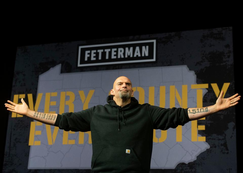 Democratic Senate candidate Lt. Gov. John Fetterman (D-PA) is welcomed on stage during a rally at the Bayfront Convention Center on August 12, 2022 in Erie, Pennsylvania.