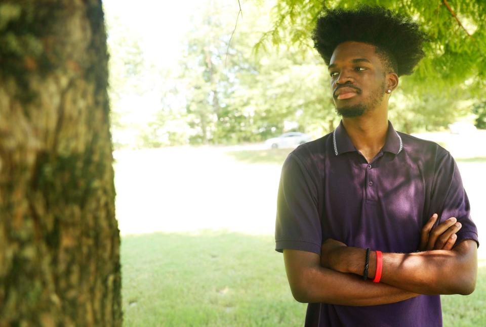 Rhodes College sophomore Brandon Washington is running for city council. Brandon poses for a portrait on July 28, 2023 in the patio area of Youth Villages in Bartlett, TN.