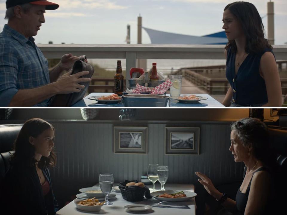 cross shot of of auden eating lunch with her dad over a cross hot of auden eating lunch with her mom along for the ride