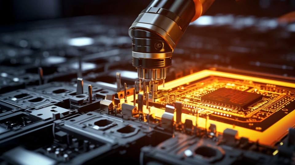 A robotic arm placing a semiconductor chip on a test contactor.