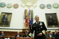 The Commander of the U.S. Pacific Command, Admiral Harry Harris, arrives to testify before a House Armed Services Committee hearing on "Military Assessment of the Security Challenges in the Indo-Asia-Pacific Region" on Capitol Hill in Washington, U.S, April 26, 2017. REUTERS/Yuri Gripas