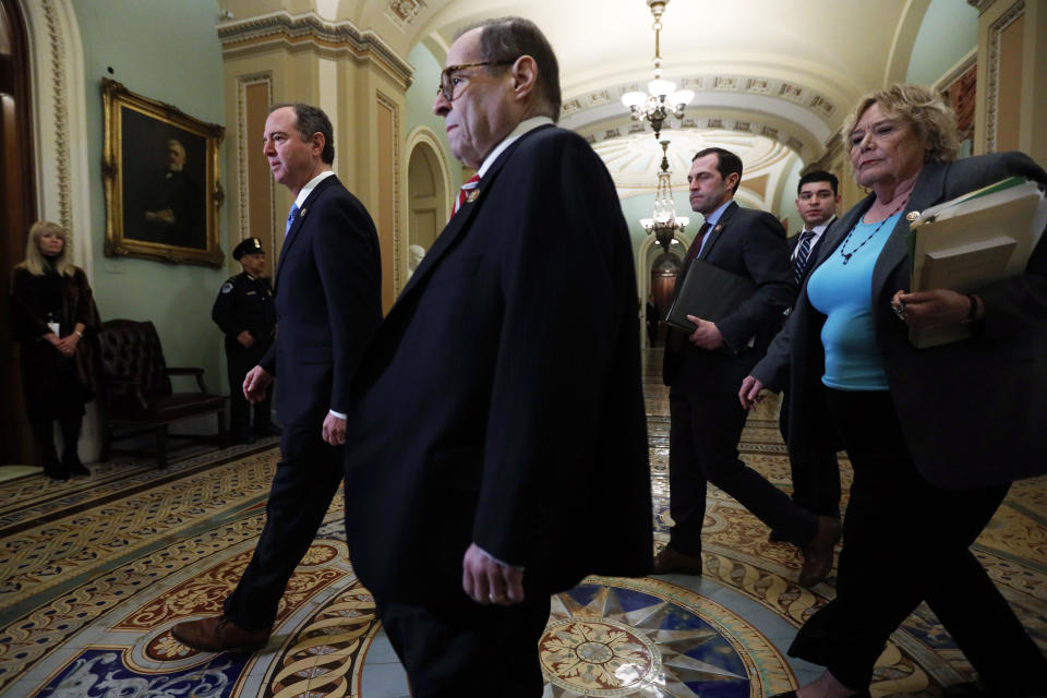WASHINGTON, DC - JANUARY 23: U.S. House impeachment managers (L-R) Rep. Adam Schiff (D-CA), Rep. Jerry Nadler (D-NY), Rep. Jason Crow (D-CO) and Rep. Zoe Lofgren (D-CA) arrive at the Senate side of the U.S. Capitol for the Senate impeachment trial against President Donald Trump at the U.S. Capitol January 23, 2020 in Washington, DC. House Democrats continues opening arguments on day 3 of the Senate impeachment trial.  (Photo by Alex Wong/Getty Images)