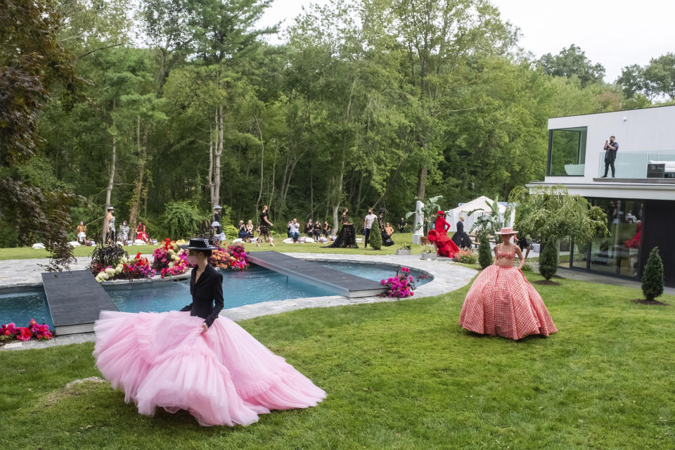 The Christian Siriano collection is modeled at Christian's home as part of New York Fashion Week, Thursday, Sept. 17, 2020, in Westport, Conn. (Photo by Charles Sykes/Invision/AP)