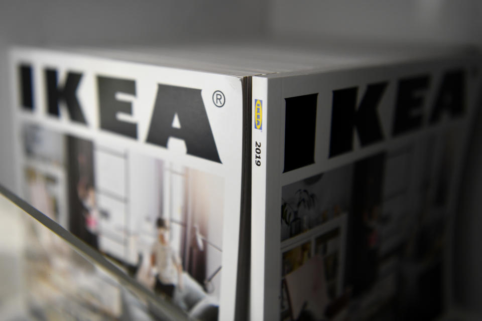 Catalogues are displayed at a store of the Swedish furniture giant Ikea