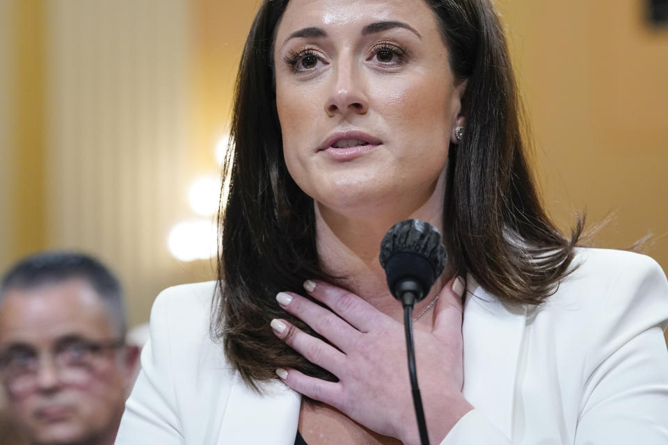 FILE - Cassidy Hutchinson, former aide to Trump White House chief of staff Mark Meadows, testifies before the House select committee investigating the Jan. 6 attack on the U.S. Capitol, June 28, 2022, on Capitol Hill in Washington. Hutchinson has told the House Jan. 6 committee that her first lawyer advised her against being fully forthcoming with the panel, telling her, “the less you remember, the better.” That's according to a transcript of one of her interviews released Thursday. (AP Photo/Jacquelyn Martin, File)