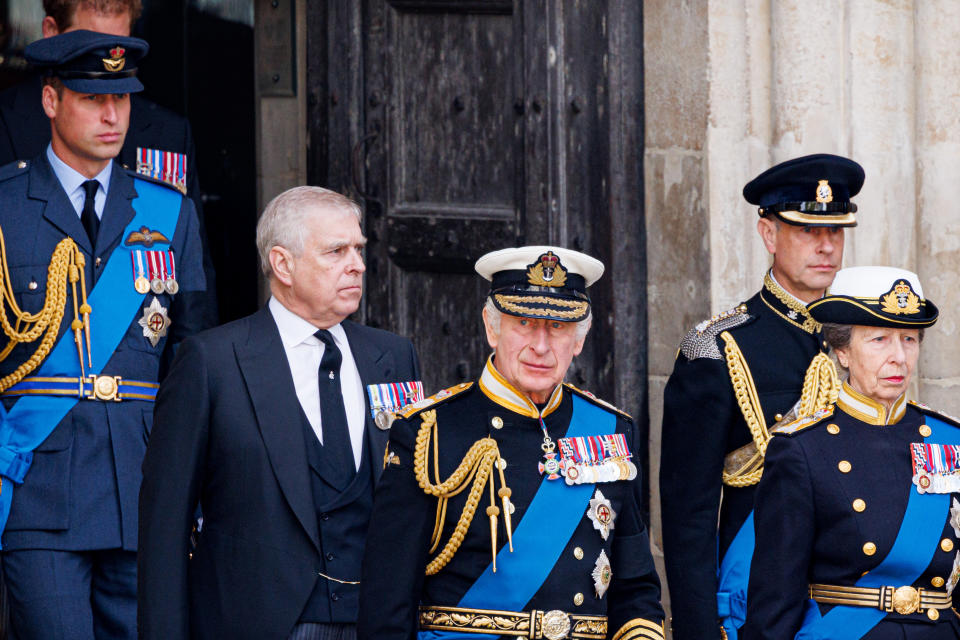 Senior royals including Prince William, the Duke of York, King Charles III, the Duke of Edinburgh and the Princess Royal attend the state funeral of Queen Elizabeth II at Westminster Abbey on 19 September 2022