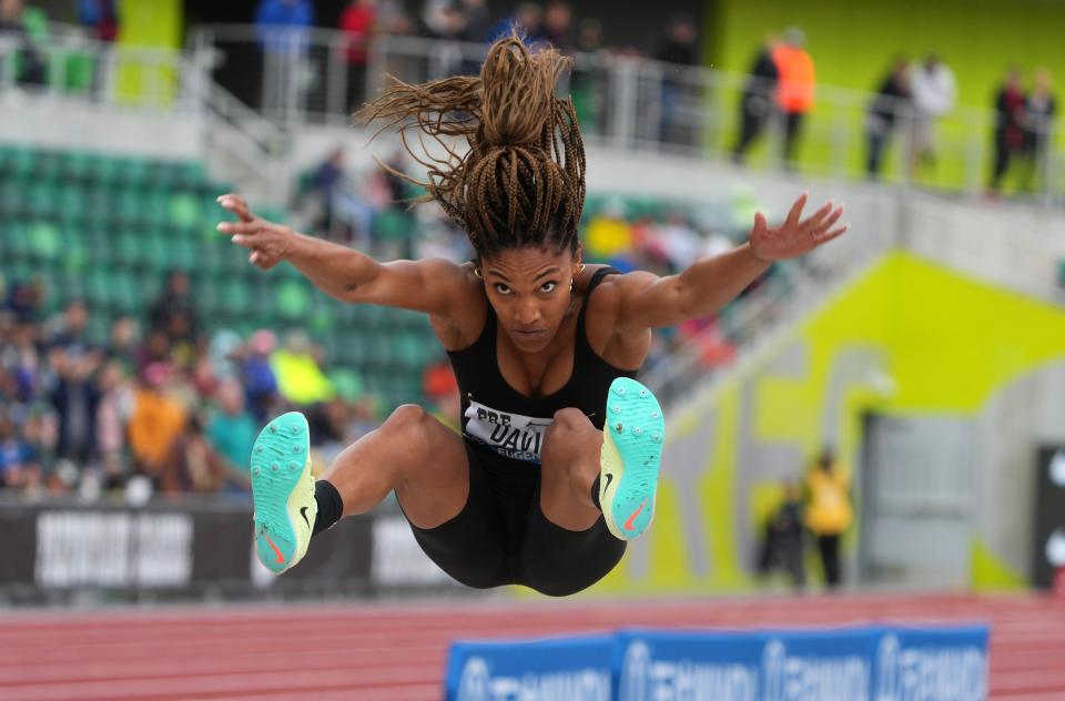 Agoura High graduate Tara Davis places third in the women's long jump at 22 feet, 1 inch, during the 47th Prefontaine Classic at Hayward Field in Oregon on Saturday.