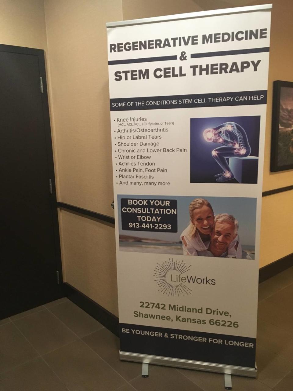 An advertisement outside of Matt Gianforte’s Lifeworks seminar in Lenexa said that stem cells can be used to treat a wide variety of orthopedic conditions. But researchers say that’s not proven.