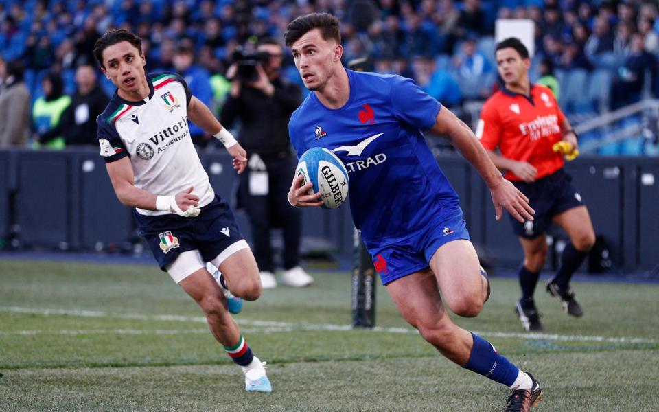 Ethan Dumortier scores their third try - France survive almighty Six Nations scare to edge Italy - Guglielmo Mangiapane/Reuters