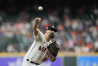 Houston Astros starting pitcher Jose Urquidy throws during the first inning of a baseball game against the Texas Rangers Tuesday, Aug. 9, 2022, in Houston. (AP Photo/David J. Phillip)