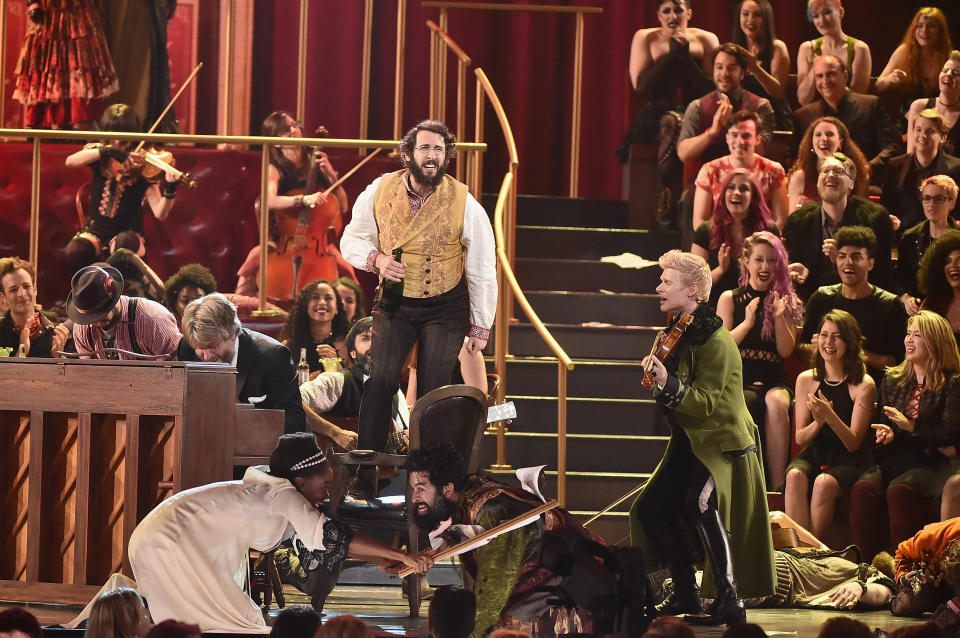 NEW YORK, NY - JUNE 11:  Josh Groban and Lucas Steele perform onstage with the cast of 'Natasha, Pierre and The Great Comet of 1812' onstage during the 2017 Tony Awards at Radio City Music Hall on June 11, 2017 in New York City.  (Photo by Theo Wargo/Getty Images for Tony Awards Productions)