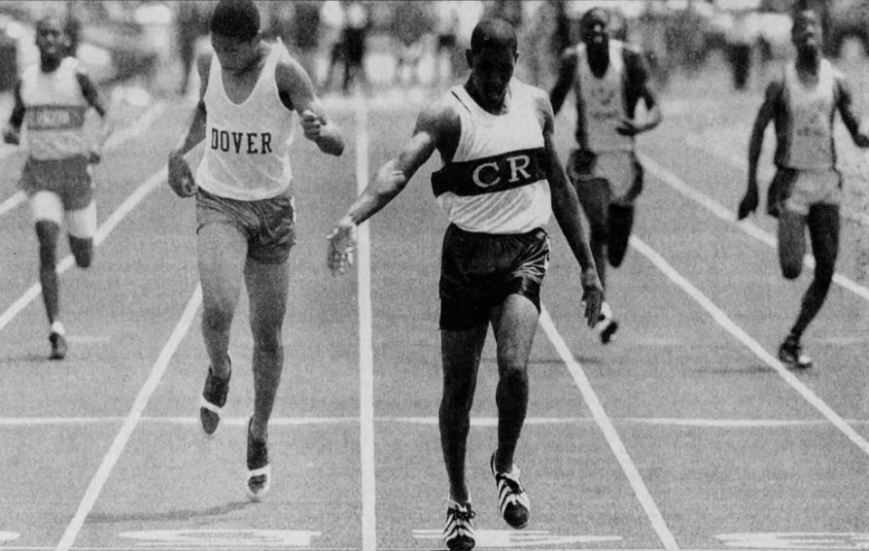 Caesar Rodney's Josh Abrams finishes just ahead of Dover's Jason Lilly in the 400 meters at the 1999 outdoor track and field state meet.