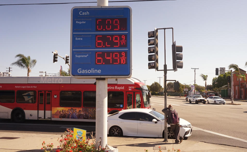 Gas prices are displayed at a gas station in Los Angeles County, California, the United States, on March 20, 2022. The average price of self-serve regular gasoline a gallon in Los Angeles County, the most populous county in the United States, rose 1.6 cents Sunday to a record high of 5.982 U.S. dollars, its 26th consecutive increase. (Photo by Zeng Hui/Xinhua via Getty Images)