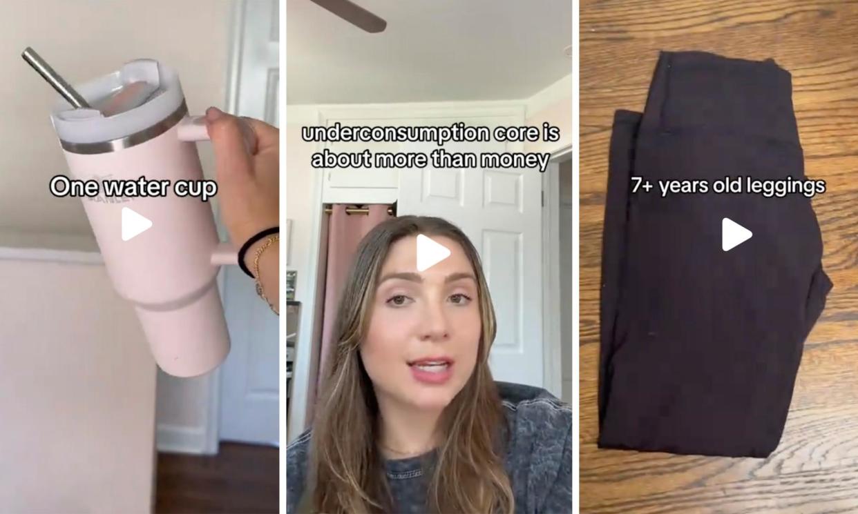 <span>One old Stanley cup and a pair of beaten-up leggings … the trappings of buying less and reusing what you have.</span><span>Composite: Sabrina Pare/TikTok</span>