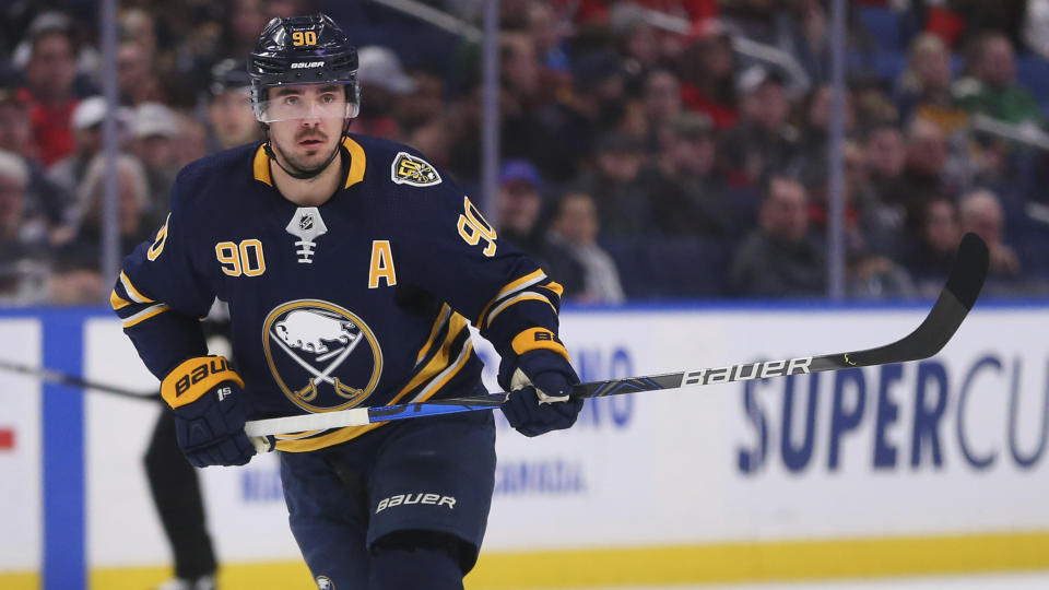 FILE - In this March 9, 2020, file photo, Buffalo Sabres forward Marcus Johansson (90) skates during the first period of an NHL hockey game against the Washington Capitals in Buffalo, N.Y. The Buffalo Sabres acquired veteran center Eric Staal in a trade that sent forward Marcus Johansson to the Minnesota Wild on Wednesday, Sept. 16, 2020. (AP Photo/Jeffrey T. Barnes, File)