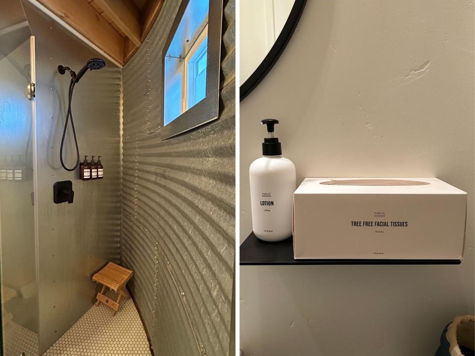 A side-by-side photo of a shower and bathroom products.