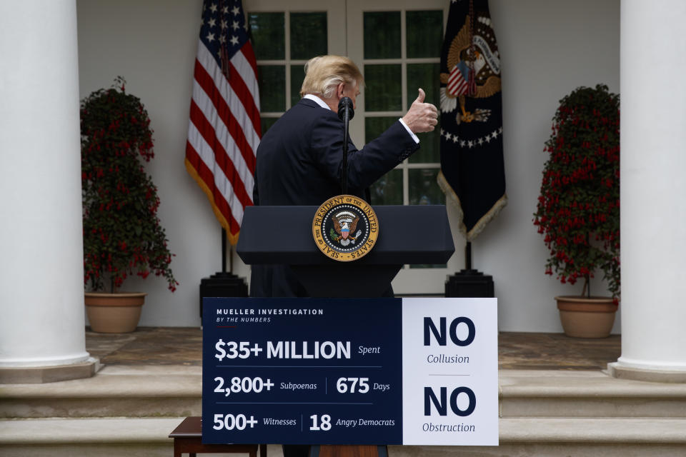 President Donald Trump walks off after delivering a statement in the Rose Garden of the White House, Wednesday, May 22, 2019, in Washington. (AP Photo/Evan Vucci)