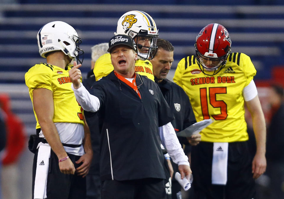 North head coach Jon Gruden of the Oakland Raiders instructs players during practice. (AP)