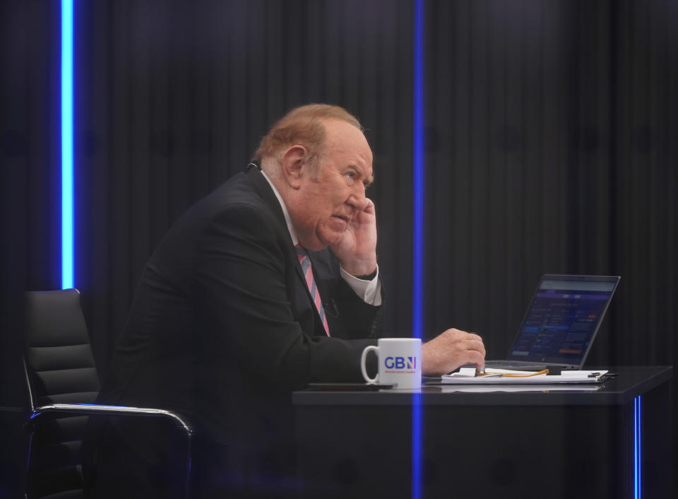 Presenter Andrew Neil prepares to broadcast from a studio during the launch event for new TV channel GB News at The Point in Paddington, London. Picture date: Sunday June 13, 2021.