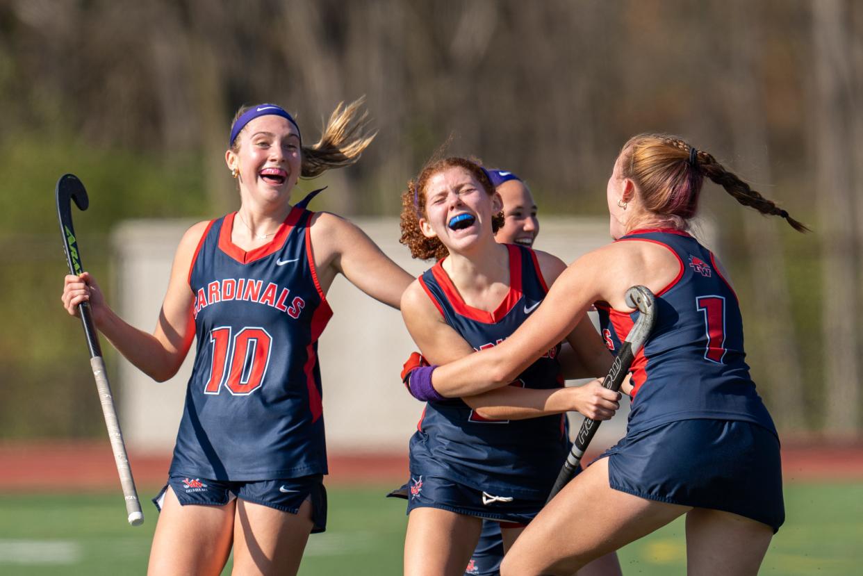 8. Thomas Worthington's Sophia Borghese celebrates with her teammates after scoring the state championship-winning goal in overtime for the second year in a row.