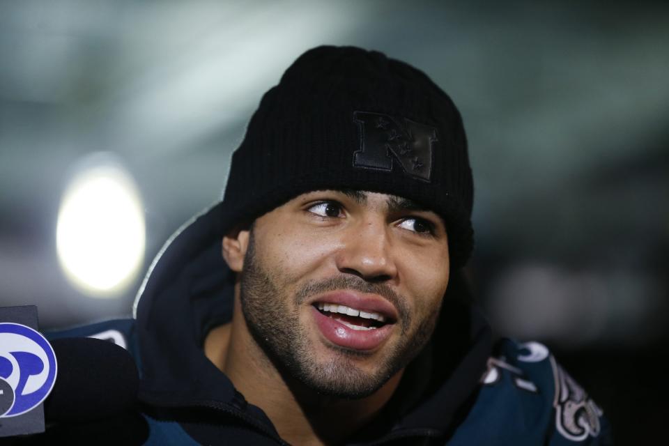 Mychal Kendricks, pictured during Super Bowl week in February, is facing insider trading charges. (AP)