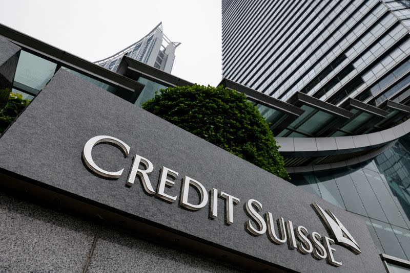 FILE PHOTO: The logo of Credit Suisse is seen outside its office building in Hong Kong