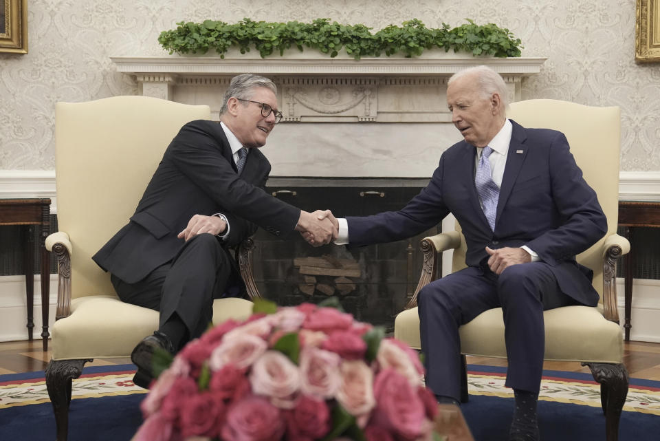 Britain's Prime Minister Keir Starmer, left, meets with U.S. President Joe Biden at the White House in Washington, D.C, during his visit to the United States to attend the NATO 75th anniversary summit, Wednesday, July 10, 2024. (Stefan Rousseau/Pool Photo via AP)
