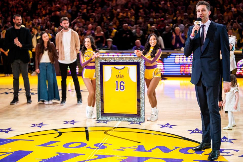 Pau Gasol speaks during his jersey retirement ceremony during the game between the Memphis Grizzlies and the Los Angeles Lakers on March 7, 2023 at Crypto.Com Arena in Los Angeles, California.